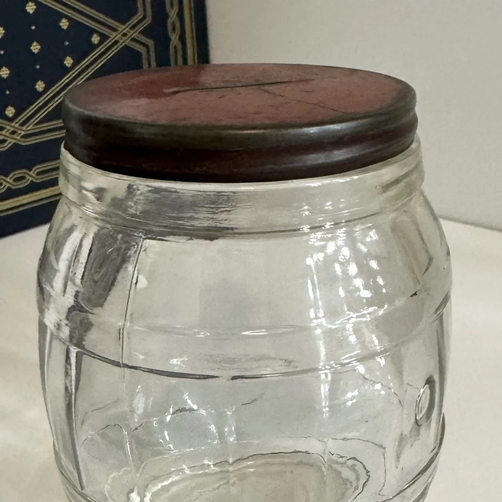 Vintage Glass Barrel Jar Coin Bank
